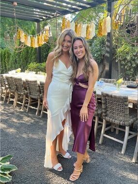 Lulu's Purple Satin Asymmetrical Midi Dress with Front Tie